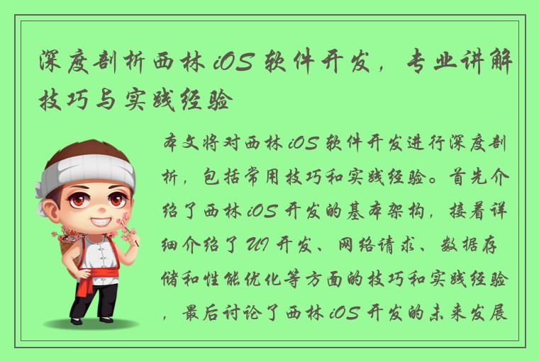 深度剖析西林 iOS 软件开发，专业讲解技巧与实践经验