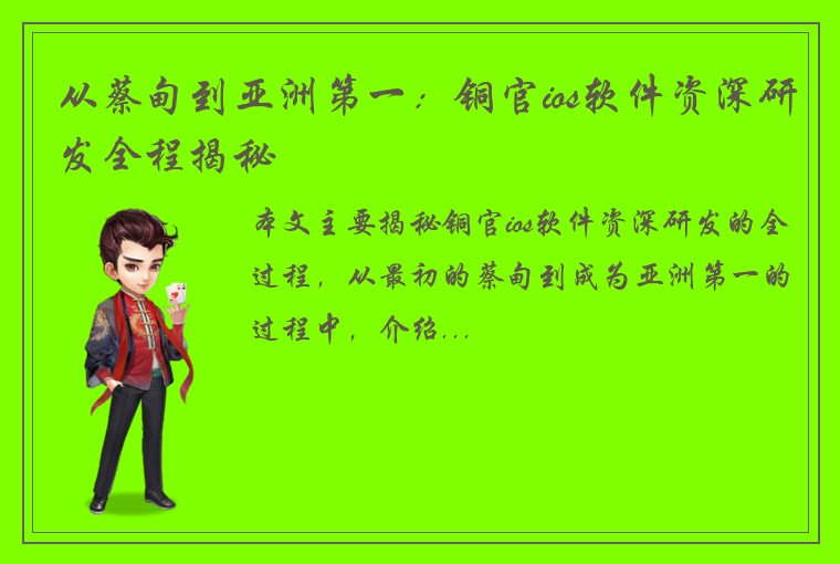 从蔡甸到亚洲第一：铜官ios软件资深研发全程揭秘